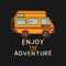 Vector banner of camper trailer and inscription on black background