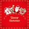 Vector banner: cute figure Santa Claus, snowman, deer, gingerbread man in jeans pocket and hand drawn text Merry Christmas