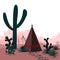Vector banner with desert, tepee, cactus silhouetted mountains. Wild west. Cartoon illustration. Panorama.