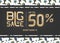 Vector banner with gold lettering big sale up to fifty percent shop now and funky fish