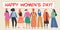 Vector banner with a group of women holding a big placard with congratulations to the International Women`s Day