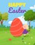 Vector banner, illustration of pretty girl rolls a huge painted Easter egg across the spring lawn, great Happy Easter