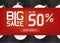 Vector banner with lettering big sale up to fifty percent shop now and Christmas ball with ornamental snowflake and grey stripes