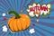 Vector banner of orange pumpkin and maple leaves on blue background with comics rays and dots