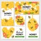 Vector banner, postcard, emblem with honey, bee, honeycomb, flowers and hearts.