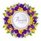 Vector banner with realistic flowers of celandine and viola. Floral round 3d wreath