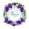 Vector banner with realistic flowers of purple viola, strawberry and forget-me-not. Floral 3d wreath