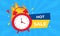 Vector banner sale countdown badge. Last time offers icon. Last chance, hot sale promo discount. Alarm clock on blue