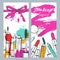 Vector banners with doodle illustration of makeup cosmetics and lipstick smears. Beauty and makeup background.