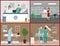 Vector banners set with patients, doctors and hospital interiors. Health care medicine concept. Flat cartoon