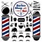 Vector Barber Shop accessories set. With silhouettes of instruments, pole, hairstyles. Vintage style.