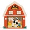 Vector barn icon with girl milking cow inside isolated on white background. Flat farm shed illustration. Cute red woodshed with