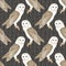 Vector Barn Owls on Brown Background Seamless Repeat Pattern. Background for textiles, cards, manufacturing, wallpapers