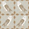 Vector Barn Owls with Brown Leaves on Beige Background Seamless Repeat Pattern. Background for textiles, cards