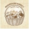Vector basket with edible mushrooms. Realistic sketch of natural forest food, outline, retro design.