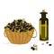 Vector basket with ripe olives harvest and the gleass bottle with olive oil