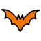 Vector bat icon is drawn in doodle style black outline orange color, isolated element on a white background for a Halloween