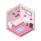 Vector bathroom isometric design interior template. Room with tiles rug bathtub toilet bowl trashcan windows skincare