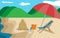 vector beach background With beach chairs, piles of sand.