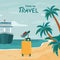 Vector beach background with palm trees, cruise ship and suitcase. Seaside landscape, tropical beach relax. Time to travel.