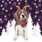 Vector beagle dog wearing raindeer anklers tiara, glasses and scarf. Isolated on snowy trees and sparklers. Sketched