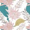 Vector beautiful big hand drawn flowers with tropical leaves summer exotic pattern. Designer foliage wallpaper. Nature