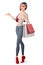 Vector beautiful brunette lady standing with shopping bags and presenting.