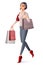 Vector beautiful brunette lady walking with shopping bags and smiling.