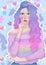 Vector beautiful girl with trendy bright hair and rainbow sweater has reflected on the background of flowers and unicorns