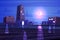 Vector beautiful night cartoon city with moon.