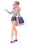 Vector beautiful pink hair young woman with shopping bags presenting.