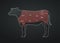 Vector beef steak diagram poster. American meat cutting. White modern style cow silhouette with markup. Red color zone