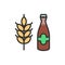 Vector beer bottle and wheat cereal grain flat color line icon.