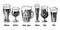 Vector beer glass types, vintage engraving. Foamy beer in different glasses: weizen, pilsner, tulip, snifter, pint, mug.