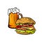 Vector Beer Mug with Burger, Colorful Vintage Style Illustration, Hand Drawn Food and Drink, Colorful Objects.