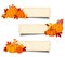 Vector beige banners with orange pumpkins and autumn leaves.