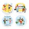 Vector best friend forever stickers set. Bundle of young man, boys, girl, woman spending time together, skateboarding