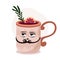 Vector big brown cup with hot drink. Mulled wine with rosemary and orange. Funny cartoon mug character with pokerface