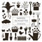 Vector big set of garden tools, flowers, herbs, plants silhouettes. Collection of black and white gardening equipment. Flat spring