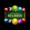 Vector Billiard challenge poster. 3d realistic balls on billiard table with lamp. Flyer design cover championship