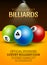 Vector Billiard challenge poster. 3d realistic balls on billiard table with lamp. Flyer design cover championship