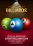 Vector Billiard challenge poster. 3d realistic balls on billiard table with lamp. Flyer design or poster cover