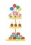 Vector birthday desserts on layered stand. Cute funny celebration treat illustration for card, poster, print design. Bright