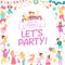 Vector birthday party invitation design template with bd cake, garlands, candy, gifts, confetti, text congratulation & happy kid c