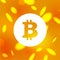 Vector bitcoin simple flat emblem on golden blurred background.