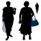 Vector black female silhouettes in full growth with bags. Women full physique isolated white background summer one in a dress, the