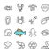 Vector black line Seafood icons set. Includes such Icons as Shrimp, Fish, Crab, caviar.