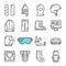 Vector black line Snowboarding icons set. Includes such Icons as Snowboard, Armor, Web Camera, Balaclava.