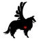 Vector black silhouette of a collie dog isolated with heart and wing.