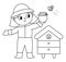 Vector black and white beekeeper with honey jar, bee, beehive. Cute outline kid doing agricultural work icon. Rural country farmer